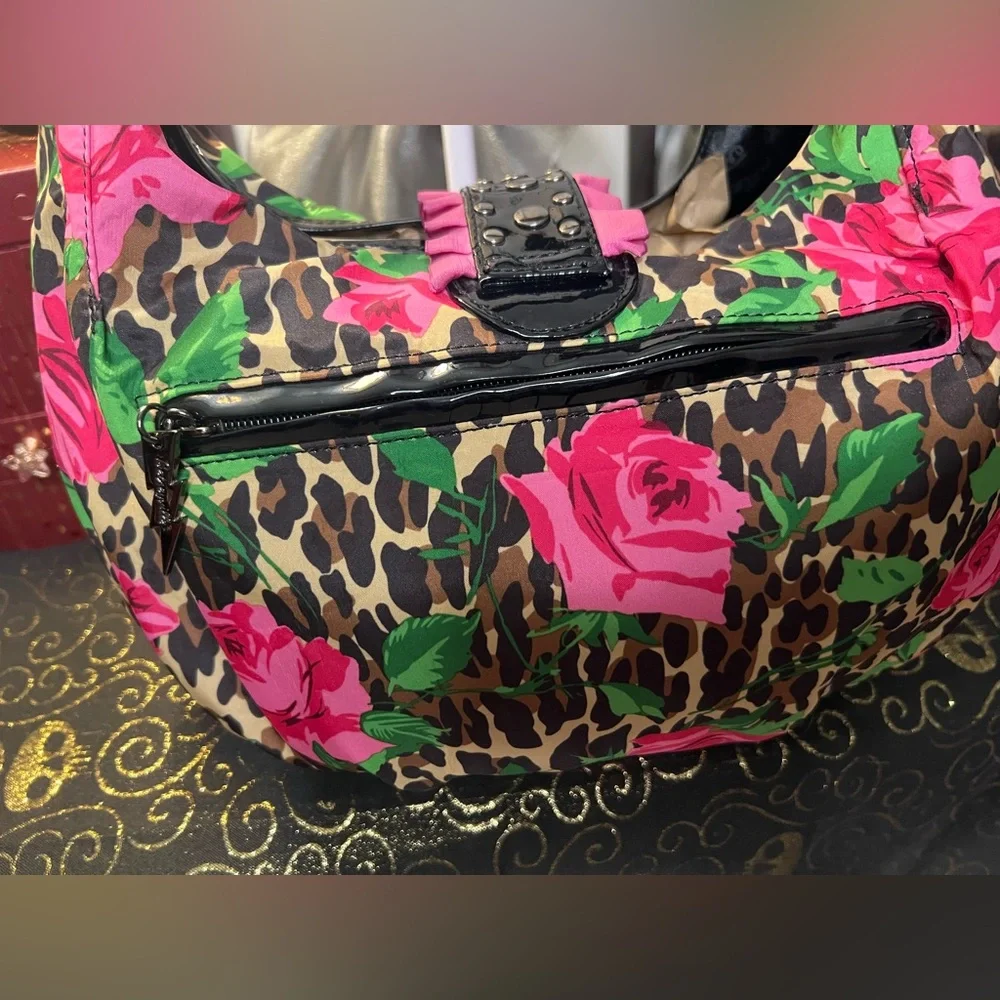 Betsey Johnson Betseyville Floral and Leopard Print Nylon Shoulder Bag